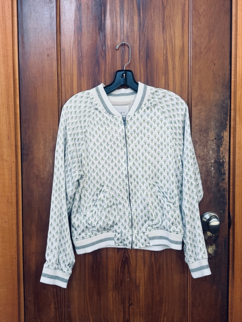 Anthropologie White Satin Embroidered Green Leaf Bomber Jacket - Women M - Picture 2 of 10